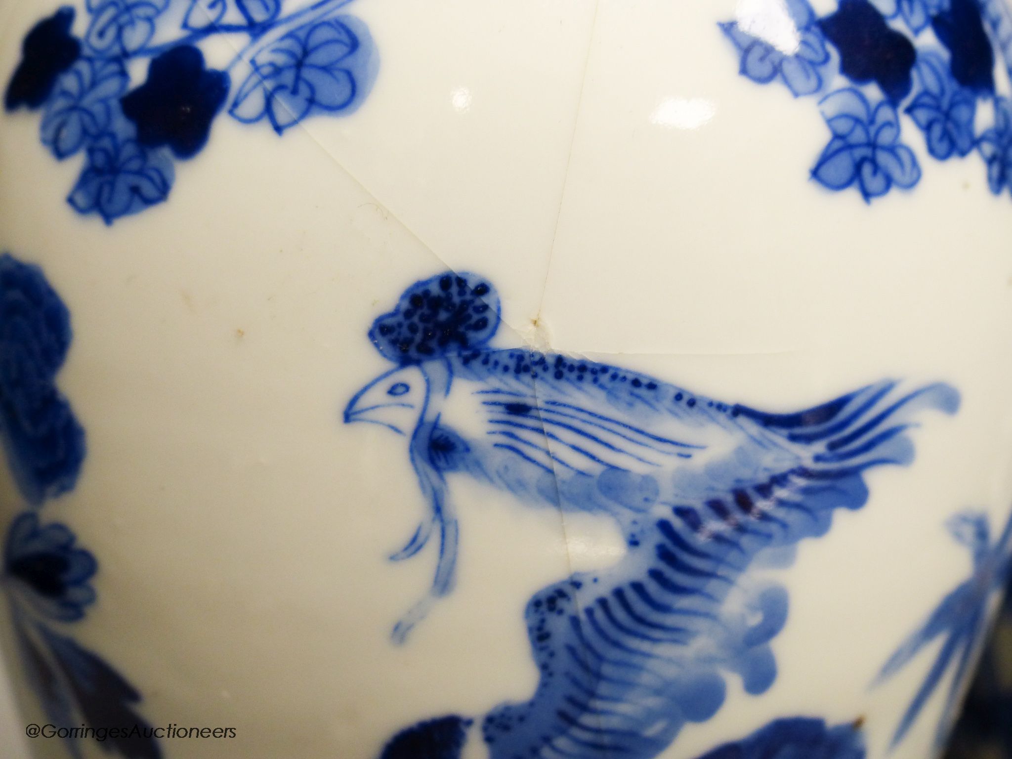 Two 19th century Chinese blue and white vases, decorated with phoenix, tallest 28cm (a.f)